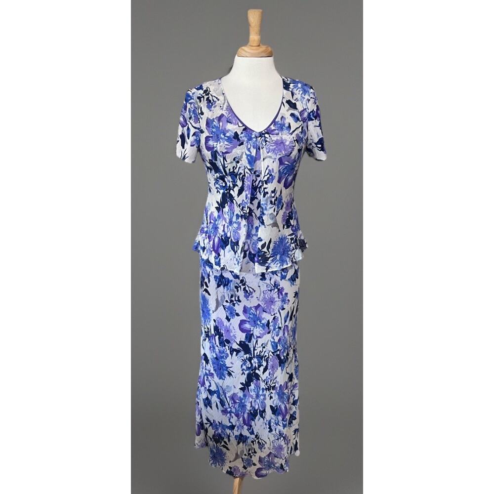 R&M Richards Blue and White Floral Peplum Maxi Dress